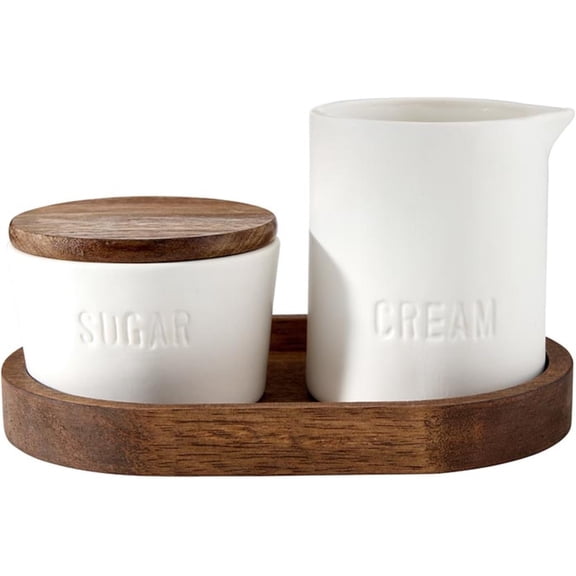 Santa Barbara Design Studio Ceramic Sugar and Creamer Set Sugar Bowl with Lid Cream Pitcher and Tray, 3-Piece, White/Acacia Wood