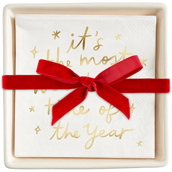 Santa Barbara Design Studio Christmas Cocktail Paper Napkins and Ceramic Napkin Holder Tray Gift Set, 5.75" Square, Most Wonderful Time