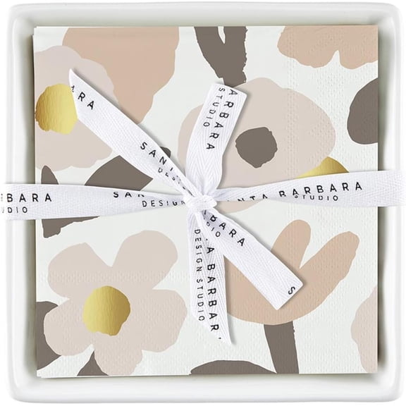 Santa Barbara Design Studio Cocktail Paper Napkins and Ceramic Napkin Holder Tray Gift Set, 5.75" Square, Blush Flower