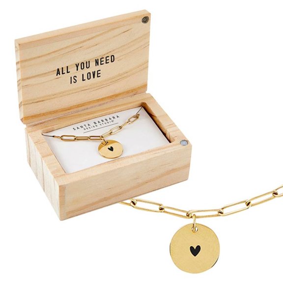 Santa Barbara Design Studio Fleur Jewelry Wedding Gold Plated Link Chain Charm Necklace Wood Boxed Gift Set, 17" Long + 2" Extender, Heart
