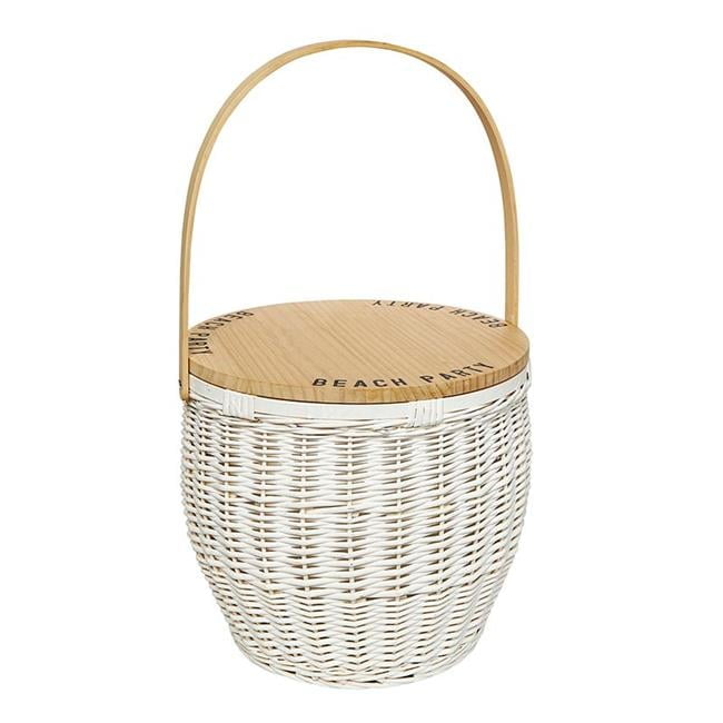 White Wicker Picnic Basket with Wood Lid and Handle