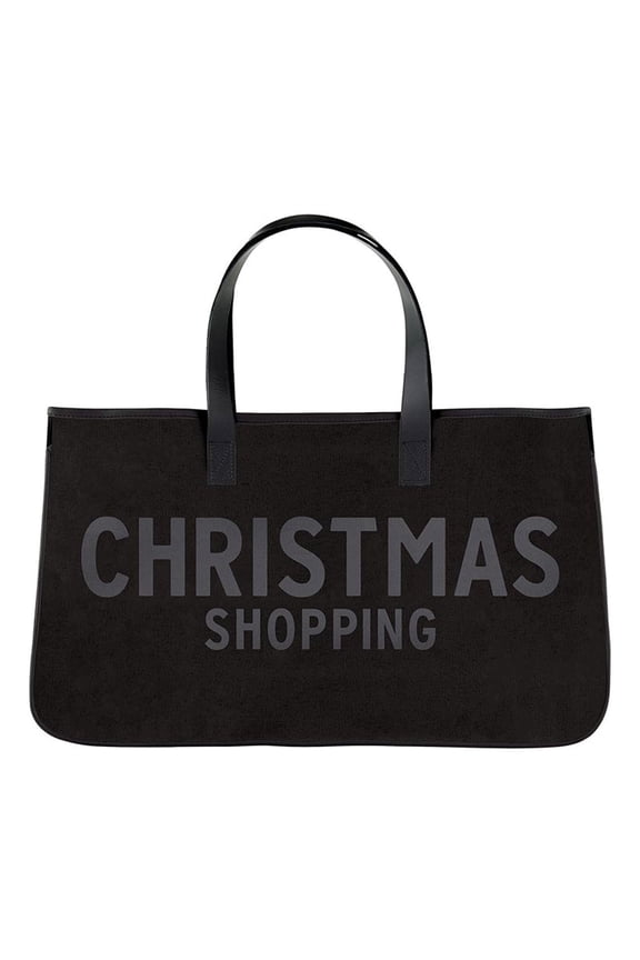 s Christmas Shopping Tote Bag  Black Canvas, Leather Handles, Holiday Gift Bag, Reusable Shopping Tote