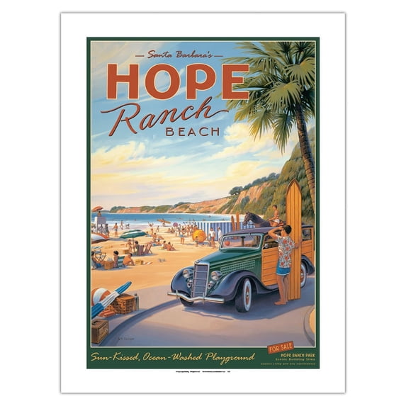 Santa Barbara’s Hope Ranch Beach - Sun-Kissed Ocean-Washed Playground - Vintage Travel Poster by Kerne Erickson - Bamboo Fine Art 290gsm Paper Print (Unframed) 18x24in