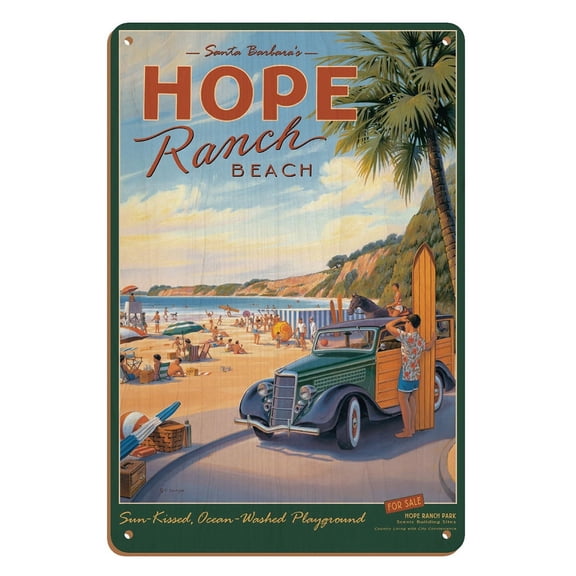 Santa Barbara’s Hope Ranch Beach - Sun-Kissed Ocean-Washed Playground - Vintage Travel Poster by Kerne Erickson - 8 x 12 inch Vintage Wood Art Sign
