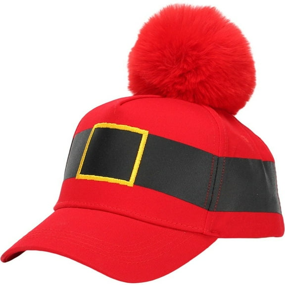 Santa Baseball Cap Christmas Hat with Santa Belt Decor Big Furry Ball Christmas Baseball Cap Xmas Party Hat for Women Men