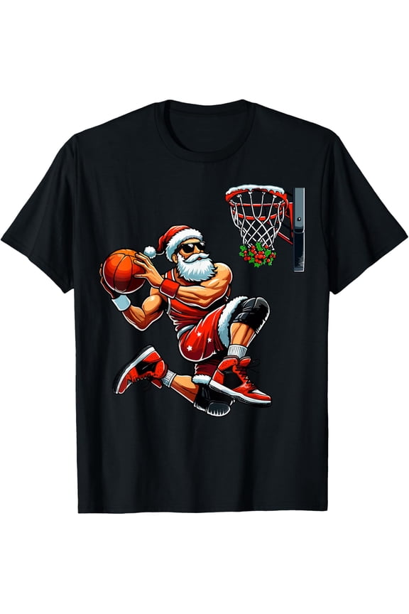 Santa Basketball Player Dunking Xmas Christmas Basketball T-Shirt- American fashion hot selling casual retro high quality 100% cotton T-shirt 1 piece