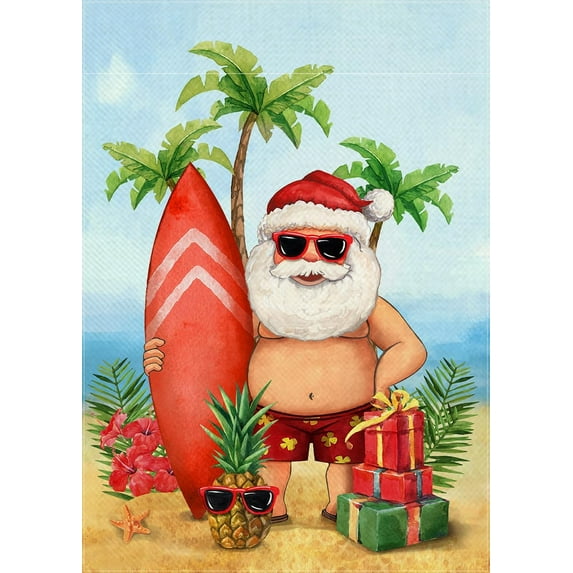 Santa Beach Decorative Garden Flag, Christmas Tropical Coastal Ocean Yard Outside Decoration, July Summer Outdoor Small Burlap Decor Double Sided 12.5x18