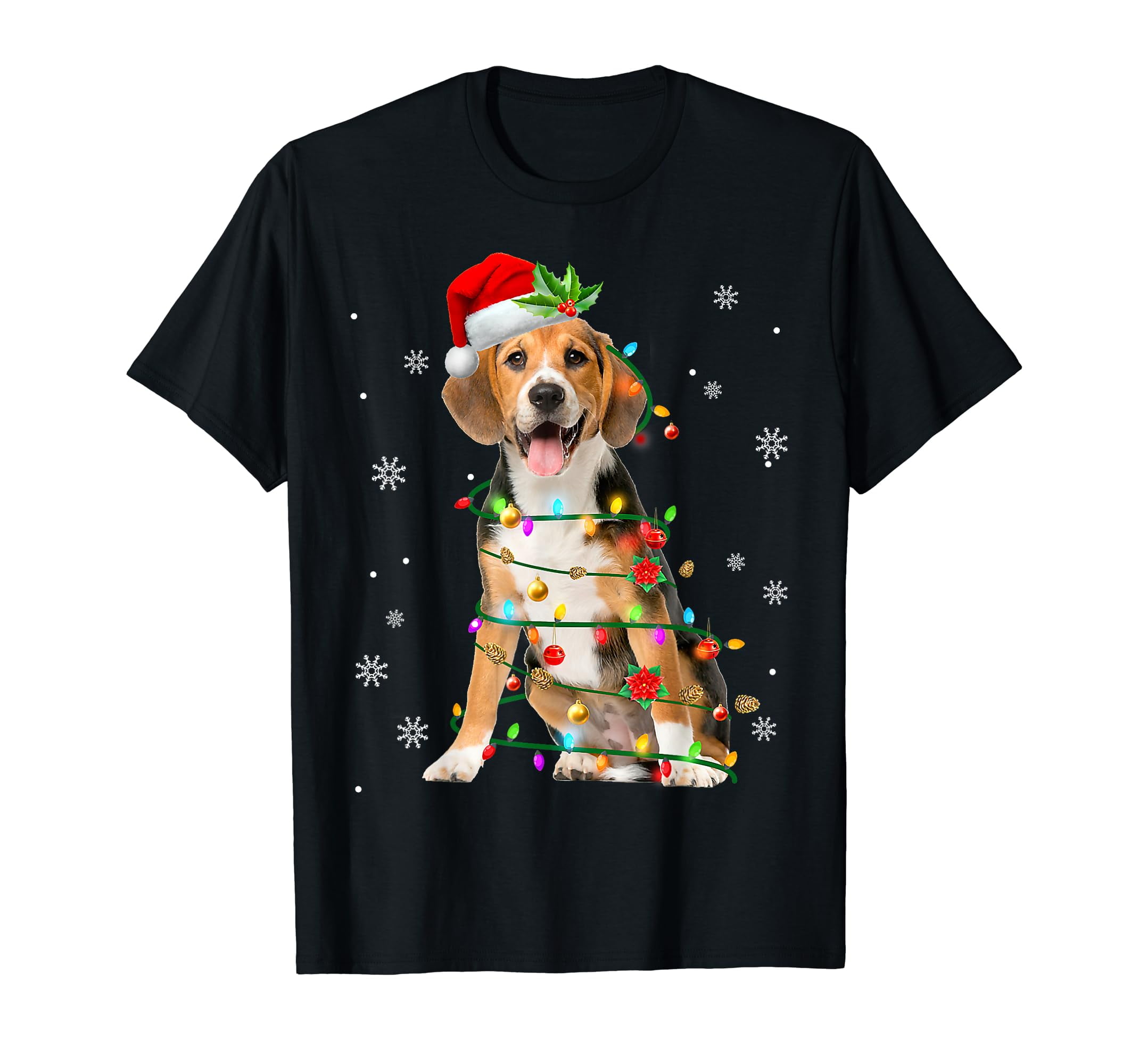 Santa Beagle Christmas Tree Light Pajama Dog X Mas Matching Black T ...