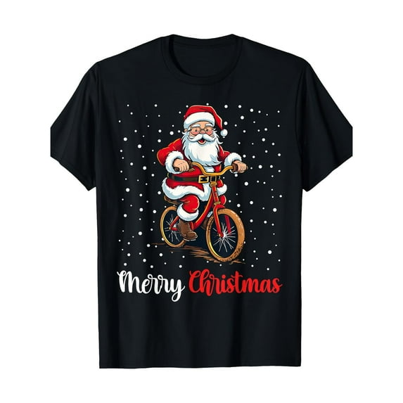 Santa Bicycle Tee Merry Christmas Holiday Design T Shirt Cotton Graphic Tees Casual Loose Fit Top Black S-5XL