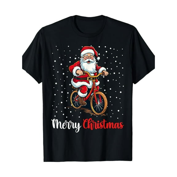 Santa Bicycle Tee Merry Christmas Holiday Design T Shirt Graphic Tees Casual Loose Fit Top Black S-5XL