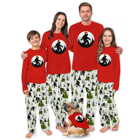 Santa Bigfoot Christmas Lights Matching Family Pajamas, Family And Dog PJs, Plus Sizes, With Pockets