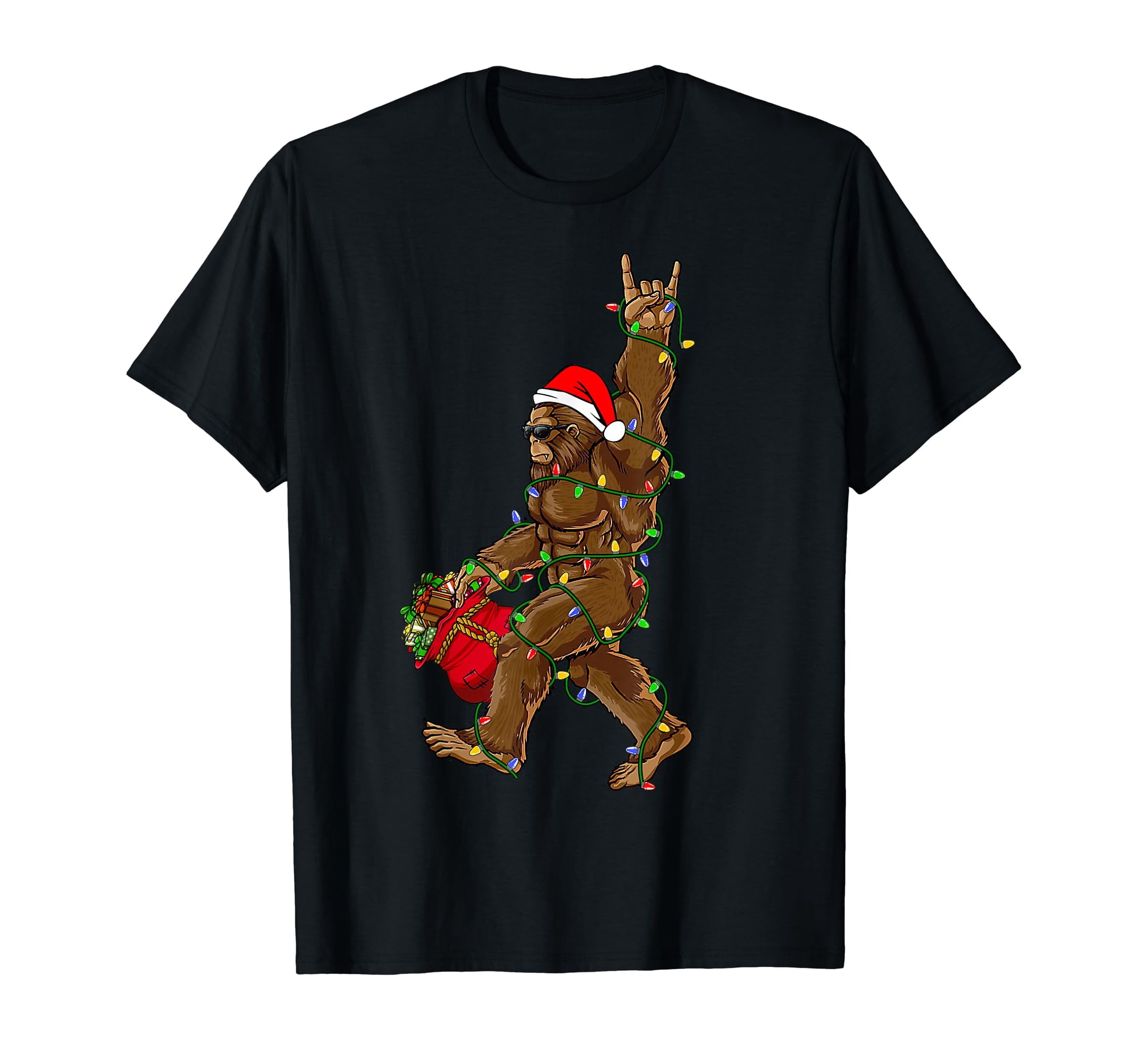 Santa Bigfoot Christmas Lights Rock Funny Sasquatch Believe T-Shirt ...