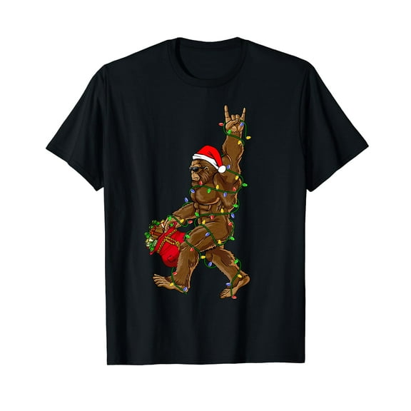 Santa Bigfoot Christmas Lights Rock Funny Sasquatch Believe T-Shirt