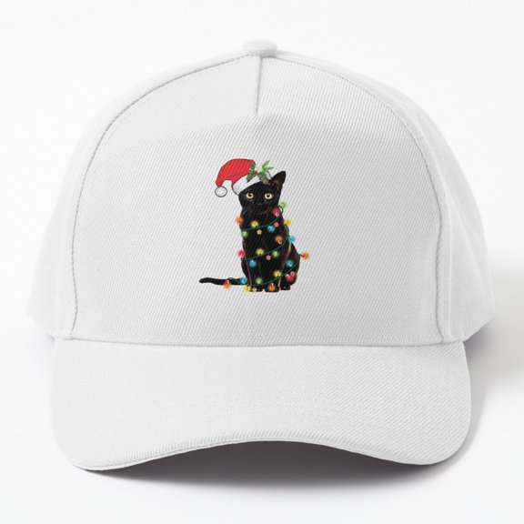 Santa Black Cat Baseball Cap, Tangled Christmas Lights Holiday Graphic Design, Classic Hat
