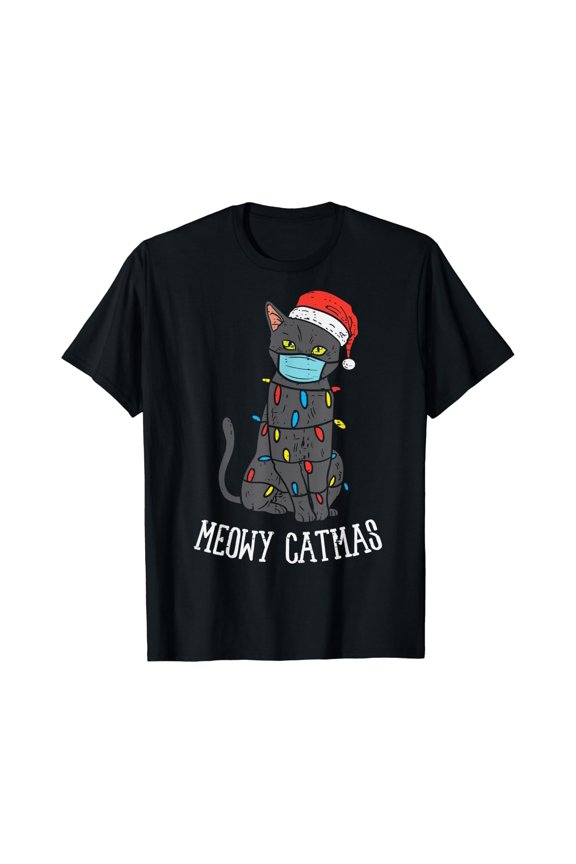Santa Black Cat Mask Meowy Catmas T-Shirt