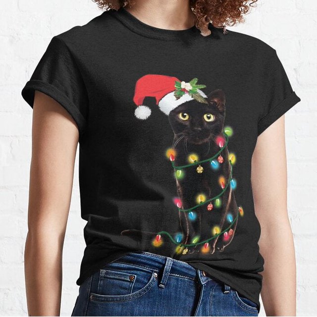 Santa Black Cat Tangled Up In Christmas Tree Lights Holiday Classic T