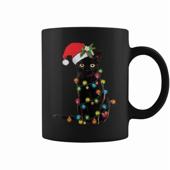 Santa Black Cat Tangled Up In Christmas Tree Lights Holiday Coffee Mugs