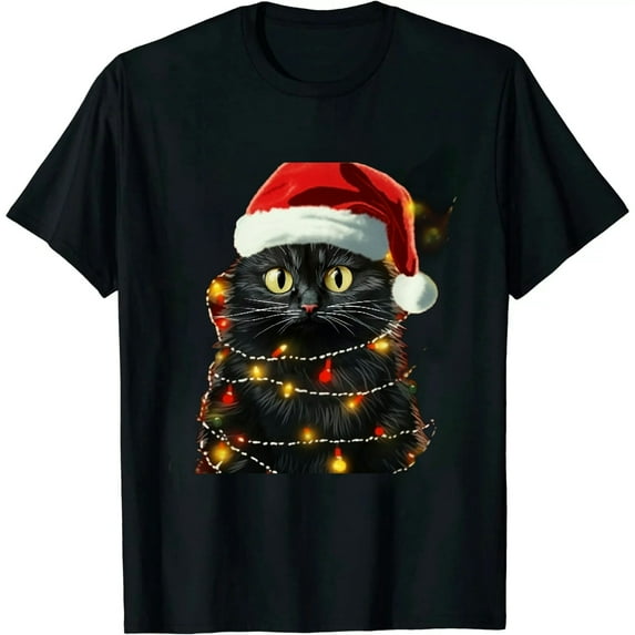 Santa Black Cat Tangled Up In Christmas Tree Lights Holiday T-Shirt