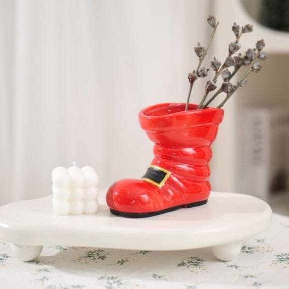 Santa Boot Ceramic Vase, Christmas Red Santa Shoe Shaped Flower Vase, Festive Tabletop Decor Vase for Artificial Dried Fresh Floral Arrangement, Xmas Mantel Shelf Centerpiece