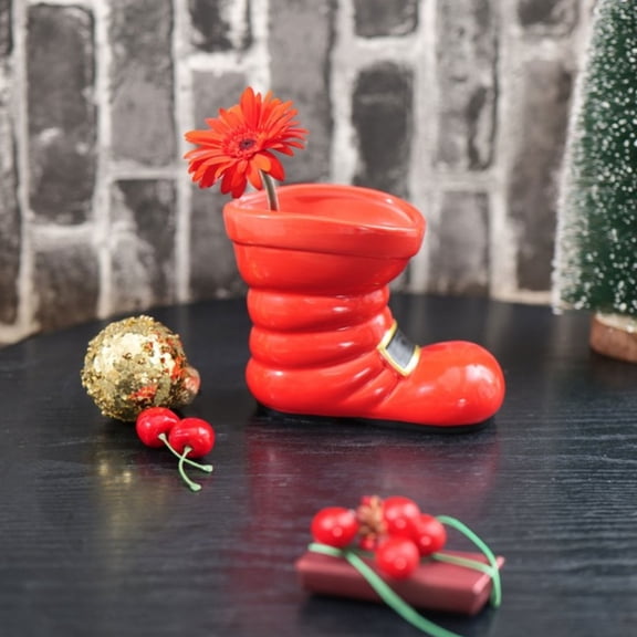 Santa Boot Ceramic Vase, Red Christmas Shoe-Shaped Flower Holder with Buckle Detail for Fresh, Dried or Artificial Floral Arrangements, Mantel, Shelf, Table and Entryway Decor
