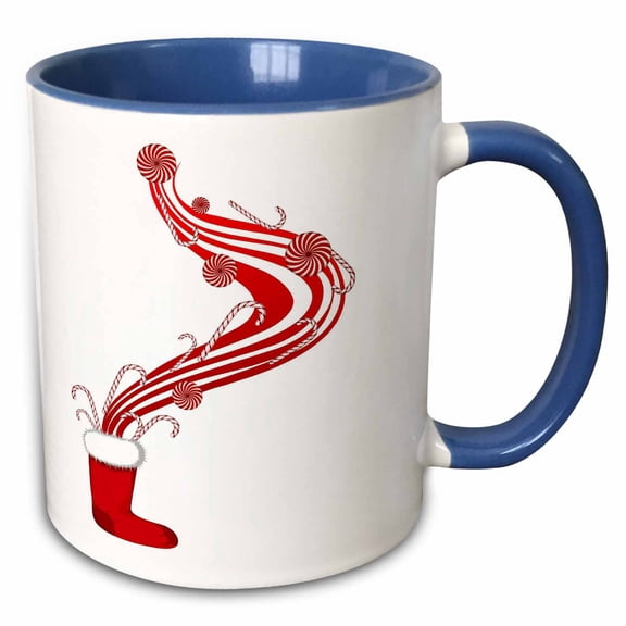 3drose, Santa Boot with Christmas Candy Flowing Out in Red and White, 15oz Two-tone Blue Mug