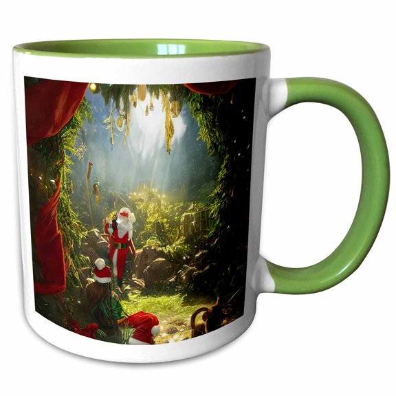 3drose, Santa Brings Gifts to Kids in the Neverland. Ai Created Gift, Card, 11oz Two-tone Green Mug
