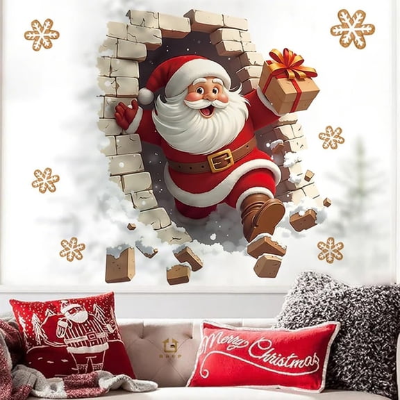 Santa Broken Window Sticker - Festive Holiday Wall Decal Christmas Gift, Easy Peel and Stick Christmas Decor for Living Room, Bedroom, Office Window Cling