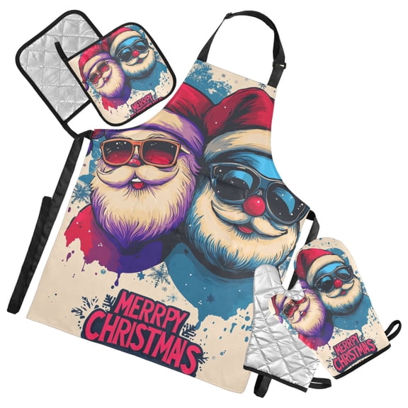 Santa Brothers Oven Mitts and Pot Holders with Chef Apron Set 5 Pcs Kitchen Cooking Set