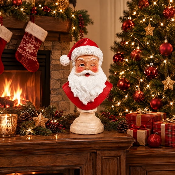 Santa Bust Christmas Decoration, 10" Red and White Resin Santa Figurine with Classic Design, Elegant Display Piece for Tables and Shelve