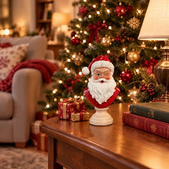 Santa Bust Christmas Tabletop Decoration, Resin Santa Claus Head Statue with Pedestal for Mantel, Shelf, Entryway and Seasonal Holiday Home Decor, 5.91 Inch