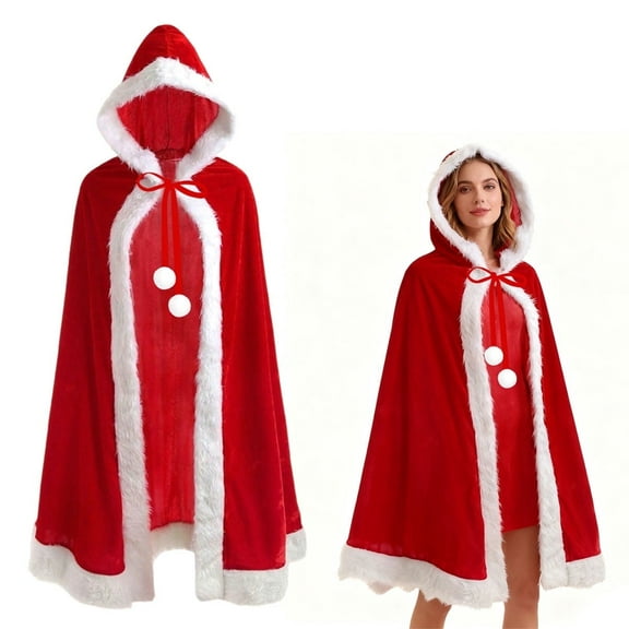 Santa Cape for Women Adult Christmas Santa Claus Robe Hooded Cloak Mrs Claus Coat Red Velvet Hooded Cape 59"