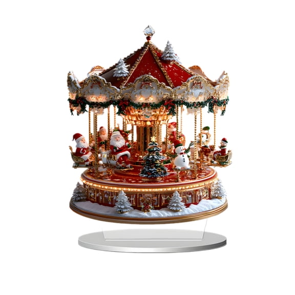 Santa Carousel Acrylic Figurine, 2D Christmas Tabletop Decor with Merry-Go-Round Design, Perfect Holiday Centerpiece for Shelf, Desk, and Xmas Gift Giving