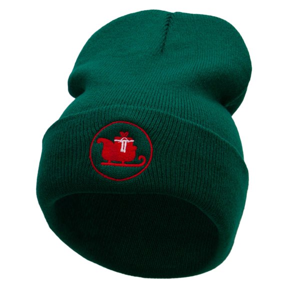 Santa Carriage Embroidered 12 Inch Long Knitted Beanie - Dk Green OSFM