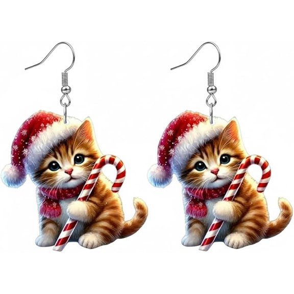 Santa Cat Christmas Earrings, Cute Cat Holding Christmas Tree Xmas Earring for Women Lightweigh Acrylic Funny Design Lovely Kitten Wearing Hat Dangle Drop Earrings(E)