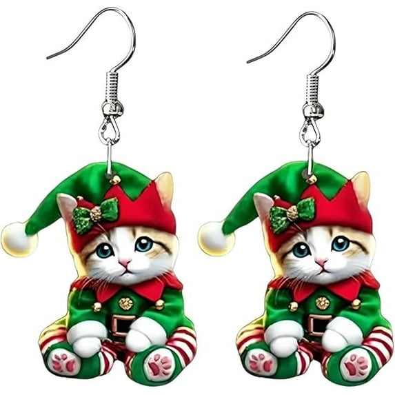 Santa Cat Christmas Earrings, Cute Cat Holding Christmas Tree Xmas Earring for Women Lightweigh Acrylic Funny Design Lovely Kitten Wearing Hat Dangle Drop Earrings(D)