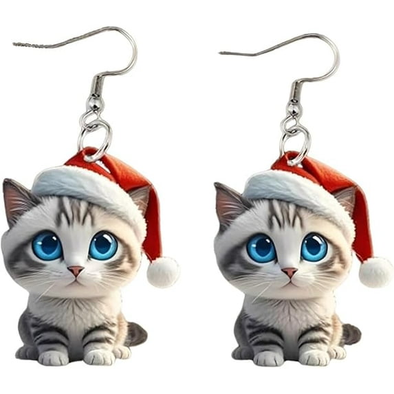 Santa Cat Christmas Earrings, Cute Cat Holding Christmas Tree Xmas Earring for Women Lightweigh Acrylic Funny Design Lovely Kitten Wearing Hat Dangle Drop Earrings(C)
