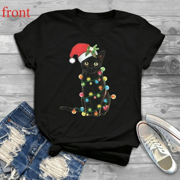 Santa Cat Christmas Tee T Shirt Graphic Tops Black Cat with Lights Vintage Design Short Sleeve Round Neck Black S-5XL