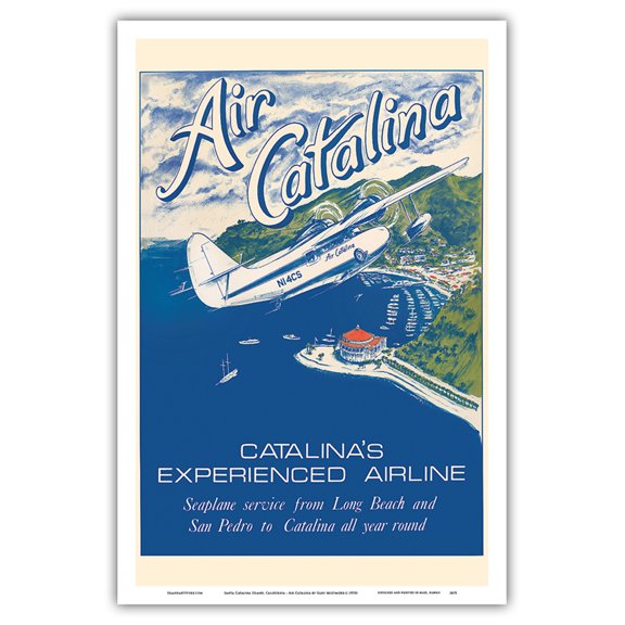 Santa Catalina Island California - Grumann Goose Airplane - Air Catalina Airline - Vintage Airline Travel Poster by Gary Miltimore c.1970s - Master Art Print (Unframed) 12in x 18in
