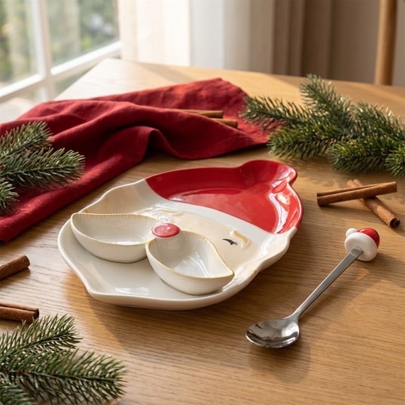 Santa Ceramic Serving Set, Christmas Plate and Spoon Ensemble, Present Holiday Snacks and Condiments at Festive Gatherings, Santa Face Tray with a Divided Dish and Coordinating Utensil
