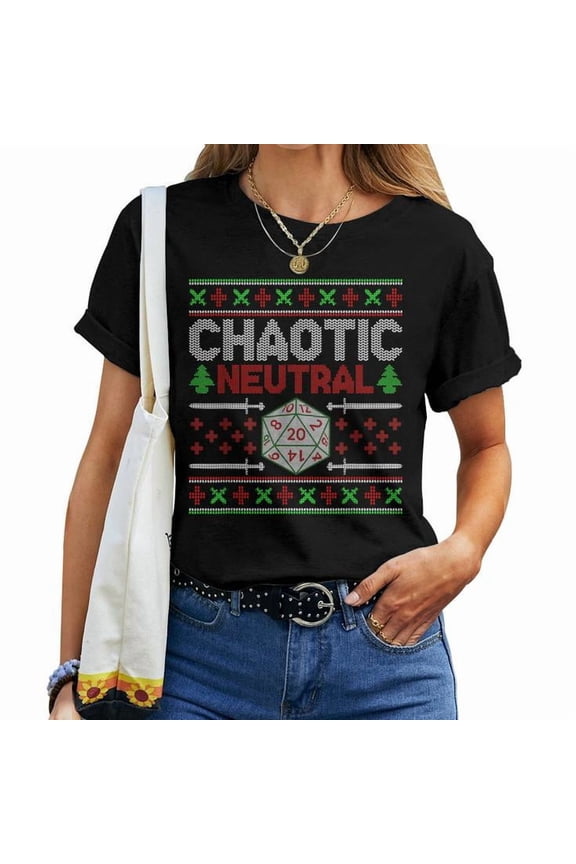 Santa Chaotic Neutral D20 Christmas Ugly Sweater Style Graphic Tee Unisex Adult Cotton Holiday Gift for Tabletop RPG Fans, Size 5XL, Color Black