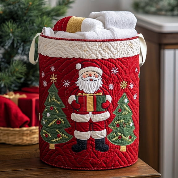 Santa Cheer Quilted Laundry Basket, Festive Santa Storage Basket, Holiday Laundry Hamper