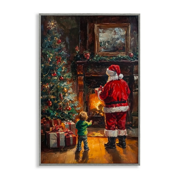 Stupell Industries Santa & Child by Fireplace Gray Framed Giclee Art, design by Sara Culpepper, 24 x 16