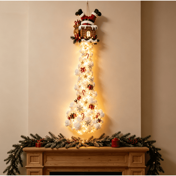 Santa Chimney Christmas Wall Light Hanging Decor Pre Lit Holiday Wall Ornament with Snowy Texture and Assorted Christmas Embellishments