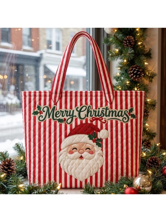 Santa Christmas Quilted Tote Bag, Candy Cane Stripe Holiday Tote, Merry Christmas Shoulder Bag, Cute Xmas Gift for Her, Festive Winter Bag
