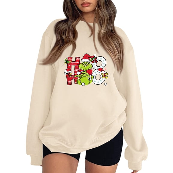 Santa Christmas Sweatshirts for Women Ugly Christmas Sweater Printed Long Sleeve Graphic Holiday Pullover Beige Large