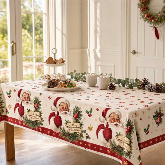 Santa Christmas Tablecloth, Style A, Decorative Holiday Party Table Cover for Dining Room, Buffet, Events and Seasonal Home Decor