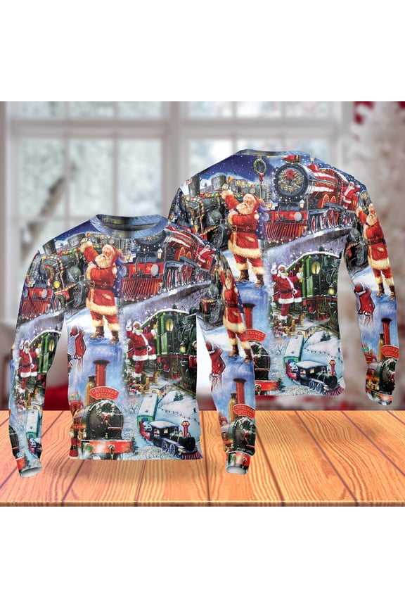 Santa Christmas Train Sweatshirt, Vintage Holiday Railway Crewneck, Festive Winter Santa and Locomotive Pullover, Classic Christmas Sweater for Men Women