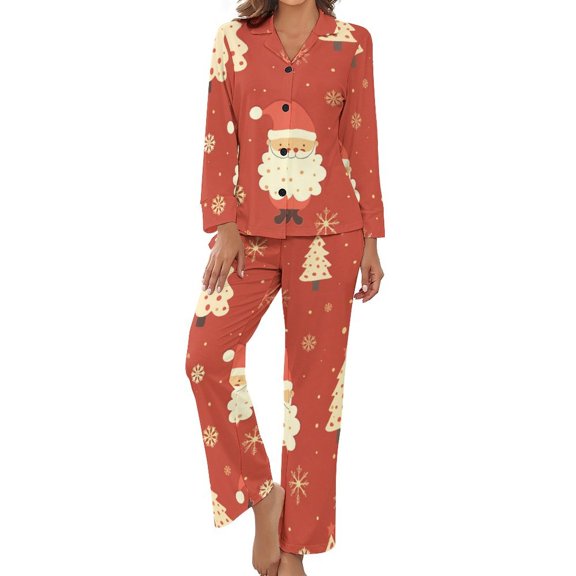 Santa Christmas Tree Women's Long Sleeve Flannel Pajama Set Sleepwear S