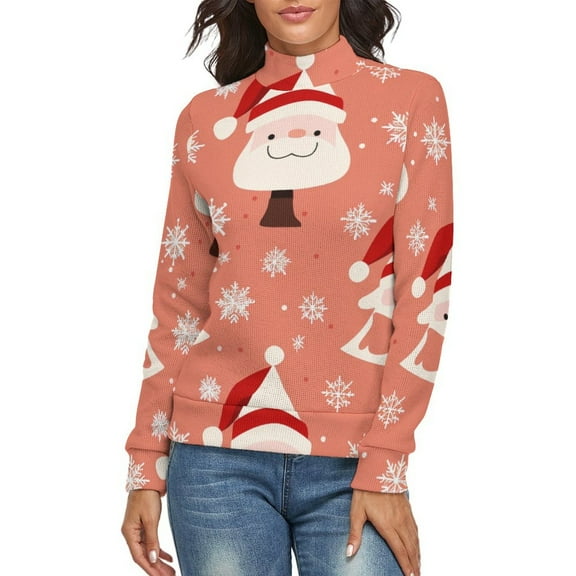 Santa Christmas Tree Women's Turtleneck Sweater Long Sleeve Ribbed Fitted Turtle Neck Casual Fall Winter Collection Top XL