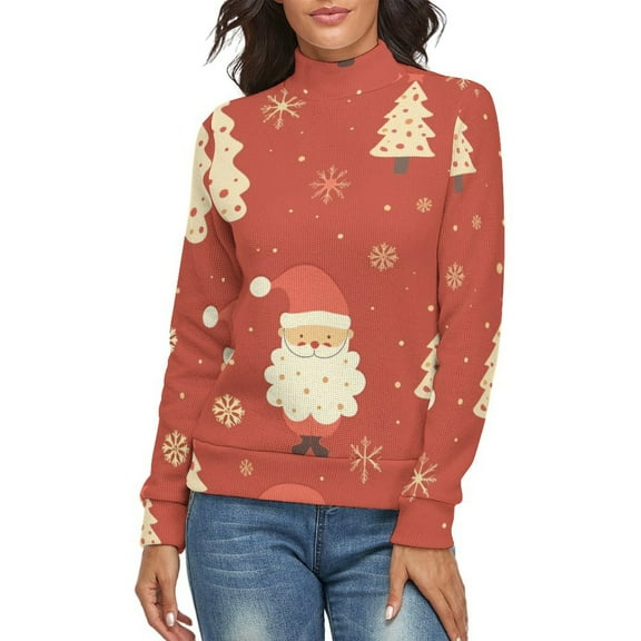 Santa Christmas Tree Women's Turtleneck Sweater Long Sleeve Ribbed Fitted Turtle Neck Casual Fall Winter Collection Top XL
